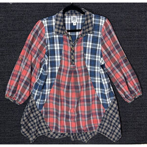 Ivy Jane Patchwork Plaid Flannel Henley Tunic Top Rodeo Western Country Medium
